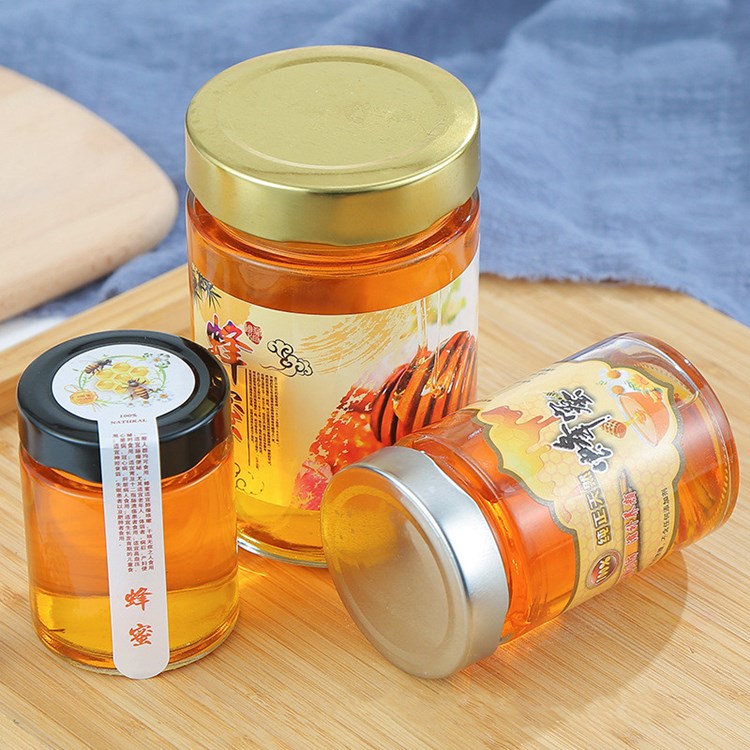 wholesale 100ml-500ml clear round straight side glass honey jars with metal lid