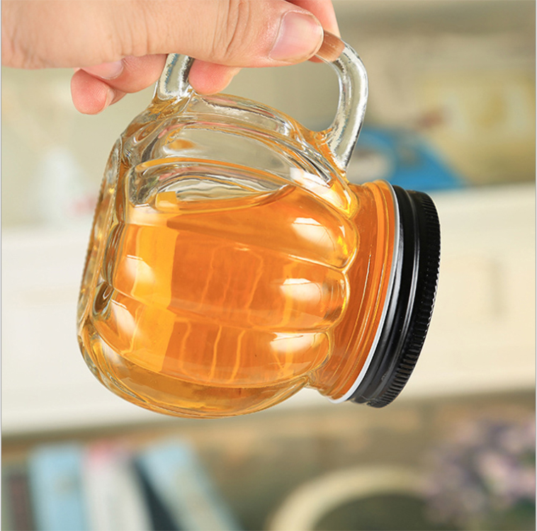 Wholesale empty pumpkin shaped 400ml glass drinking mason jar with handle