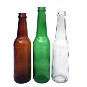 Empty 330ml clear amber green glass beer bottle with 26mm crown cap