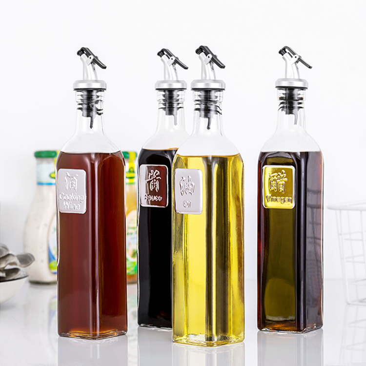 kitchen 500ml square glass vinegar bottle oil bottle with with pourer spout lid