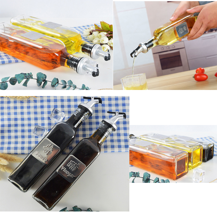 Kitchen use oil containers glass oil and vinegar dispenser bottle 500ml with pourer drizzle lid