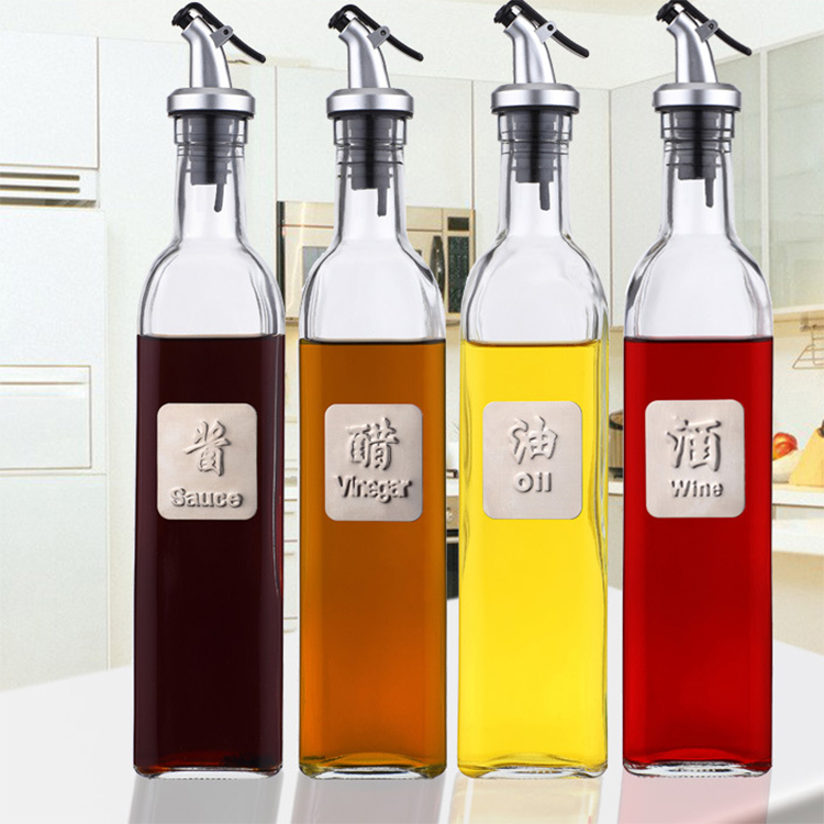 Kitchen use oil containers glass oil and vinegar dispenser bottle 500ml with pourer drizzle lid