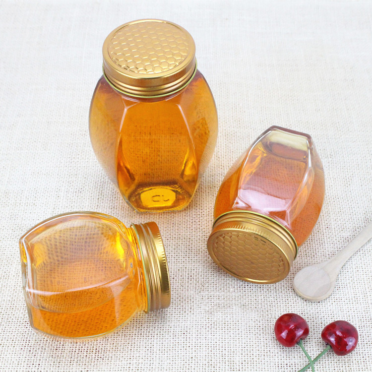 wholesale 380ml 730ml 500g 1kg hexagonal glass honey jars with metal screw cap