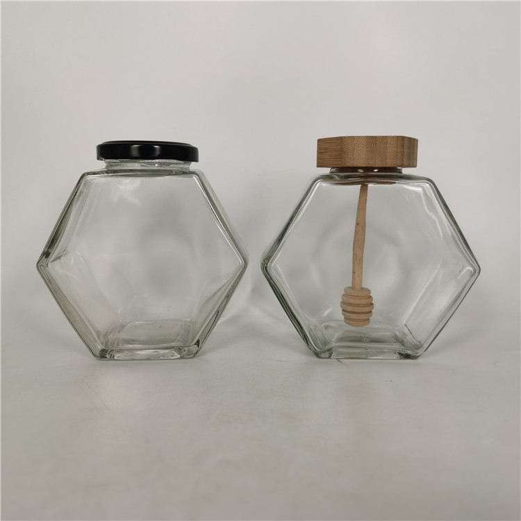 Luxury 380ml hive pure honey jar glass with hexagonal wood lid /Metal twist off lid