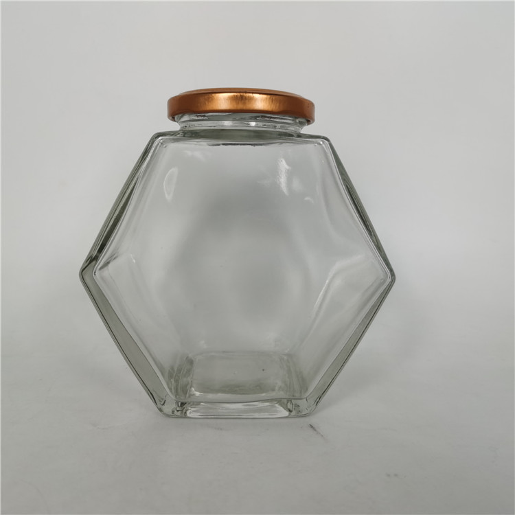 Luxury 380ml hive pure honey jar glass with hexagonal wood lid /Metal twist off lid