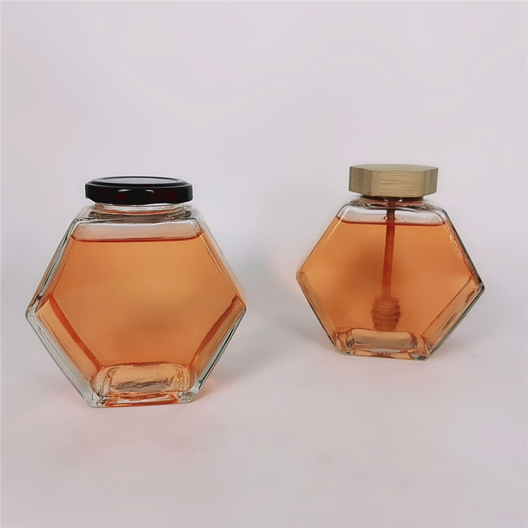Luxury 380ml hive pure honey jar glass with hexagonal wood lid /Metal twist off lid
