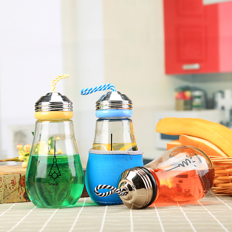 wholesale 16oz 450ml cute light bulb shape glass water bottle with cap