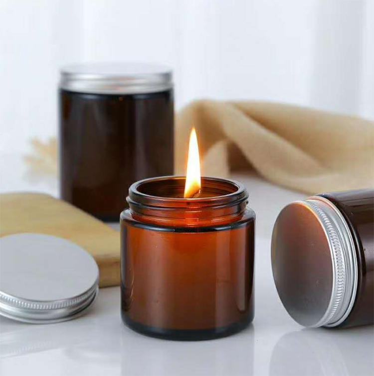 Decorative 150ml 200ml 300ml Amber Glass Straight Sided Glass Jar Wholesale With Screw Cap For Scented Candle Soy Candle