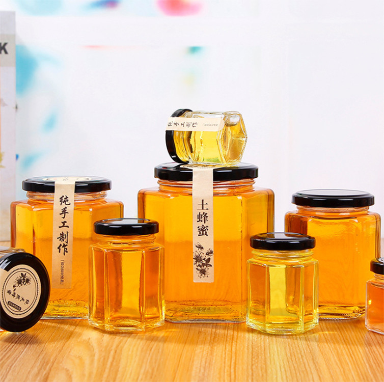 Hexagonal glass honey jar 45ml 60ml 85ml 100ml 180ml 280ml 280ml 500ml 730ml