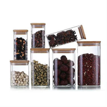 Eco-friendly square shape glass food storage jar with bamboo lid high borosilicate glass storage bottle