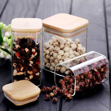 Eco-friendly square shape glass food storage jar with bamboo lid high borosilicate glass storage bottle