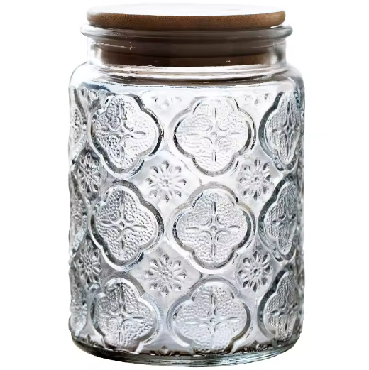 Vintage 450ml 850ml Round Embossed Tea Leaf Candy Coffee Storage Glass Jar With Bamboo Lid