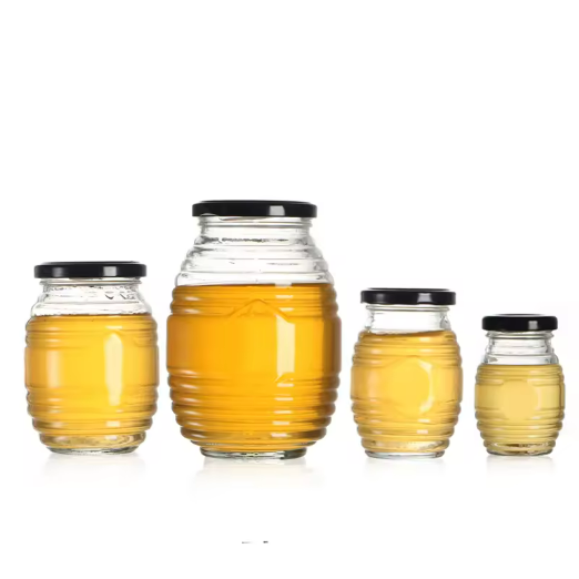 Striped Embossing Honey Bee jar honeycomb shape glass storage jar with metal lid100ml 200ml 375ml 730ml