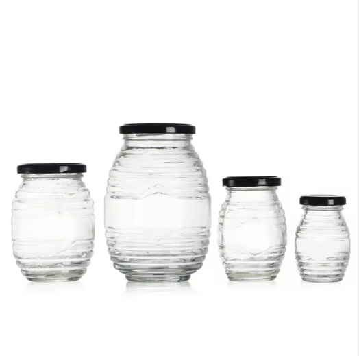 Striped Embossing Honey Bee jar honeycomb shape glass storage jar with metal lid100ml 200ml 375ml 730ml