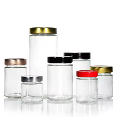 Empty Clear Round 4oz 8oz 12oz 20oz Glass Jar Food Container With Deep Metal Lid For Sauce Honey Jam Pickle