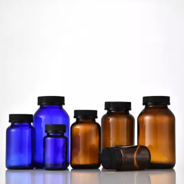 Wholesale 75ml-500ml amber blue color glass medicine bottles tablets pill bottles with black child proof cap