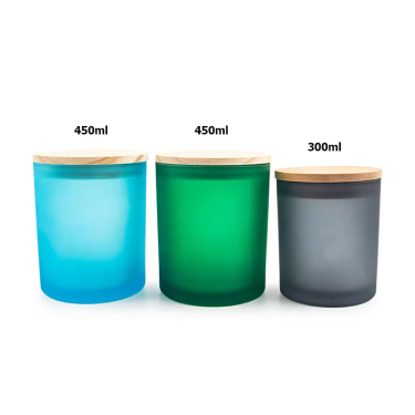 Customized frosted colored round shape 300ml 450ml big size glass candle holders candle jar with bamboo lid