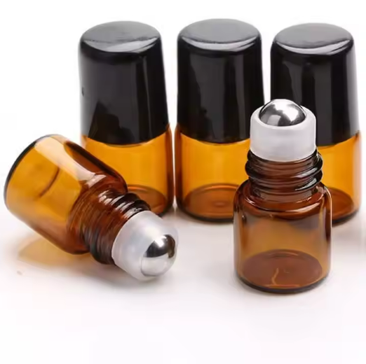 Aromatherapy Essential Oil Roll On Bottle1 ml Amber Glass Micro Mini Roll-on Sample Glass Bottles with Metal Roller Balls