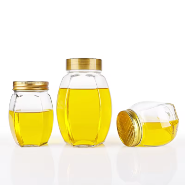 Wholesale 380ml 730ml jam honey food packaging transparent hexagon glass bottle jar with screw cap