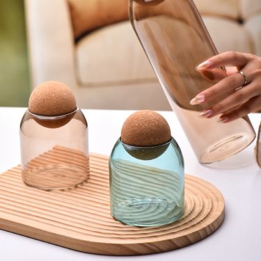 Luxury Customized Colored Amber Blue Short and Tall Cylinder Borosilicate Glass Food Sealed Storage Jar with Cork Ball