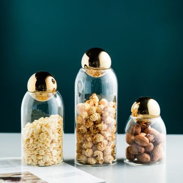 Kitchen Use Food Storage Transparent Borosilicate Sealed Glass Jar for Holding Grains Coffee Tea with Gold Silver Ball Stopper