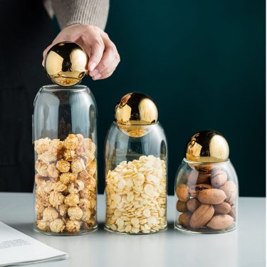 Kitchen Use Food Storage Transparent Borosilicate Sealed Glass Jar for Holding Grains Coffee Tea with Gold Silver Ball Stopper