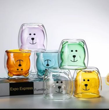 Transparent Customized Colors Double Insulated Small Bear Shape High Borosilicate Glass Mug Coffee Milk Juice Glass Water Cups