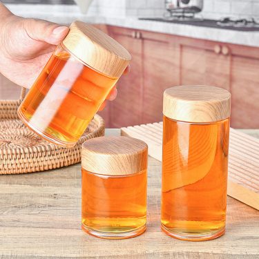 180ml-750ml Transparent Straight Round Glass Honey Jars Jam Pickles Chili Sauce Sealed Glass Jar with Wood Grain Lid