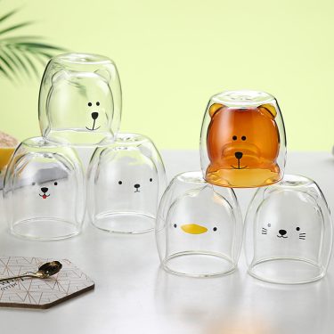 Transparent Customized Colors Double Insulated Small Bear Shape High Borosilicate Glass Mug Coffee Milk Juice Glass Water Cups
