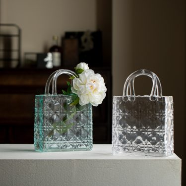 Unique Creative Transparent Custom Colorful Wide Mouth Handbag Design Glass Vase for Wedding Tabletop Home Decoration