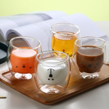 Transparent Customized Colors Double Insulated Small Bear Shape High Borosilicate Glass Mug Coffee Milk Juice Glass Water Cups