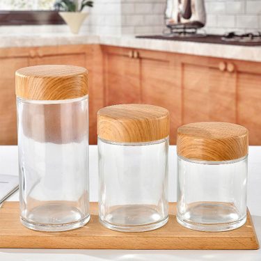 180ml-750ml Transparent Straight Round Glass Honey Jars Jam Pickles Chili Sauce Sealed Glass Jar with Wood Grain Lid
