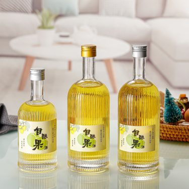 330ml 375ml 500ml Transparent Round Vertical Stripe Thin Neck Tequila Brandy Champagne Fruit Wine Glass Bottle with Screw Cap