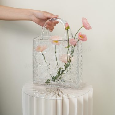Unique Creative Transparent Custom Colorful Wide Mouth Handbag Design Glass Vase for Wedding Tabletop Home Decoration