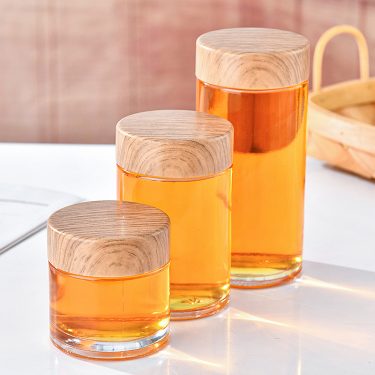 180ml-750ml Transparent Straight Round Glass Honey Jars Jam Pickles Chili Sauce Sealed Glass Jar with Wood Grain Lid