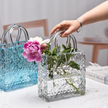 Unique Creative Transparent Custom Colorful Wide Mouth Handbag Design Glass Vase for Wedding Tabletop Home Decoration