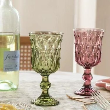200ml Retro Pearl Point Embossed Glass Goblet Light Luxury Custom Color Green Red Gray Cocktail Red Wine Glass