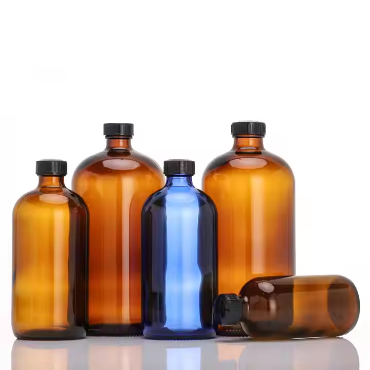 Wholesale Round Amber 1/2 oz 1 oz 2 oz 4 oz 8 oz 16 oz 32 oz Boston Glass Bottles With Screw Cap