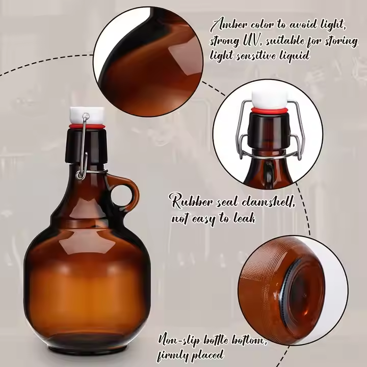Hot Selling Swing Top Amber Glass Bottles with Stoppers 2L Glass Bottle with Swing Top Cap Ribbed Beer Bottles