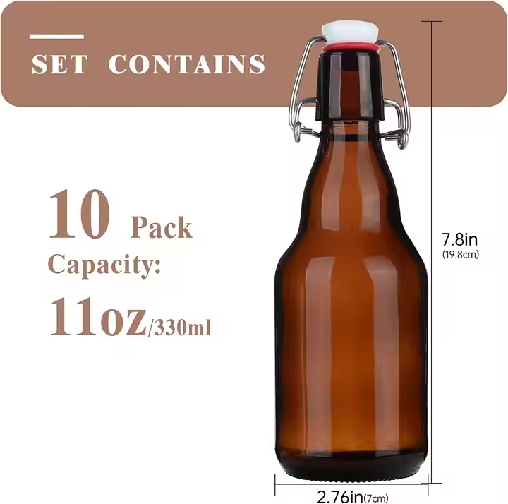 330ml Ciders Kombuchas Storage bottle packing Airtight Silicone Seal Brown Swing Top Clear Glass Beer Bottles with Cork Stoppers