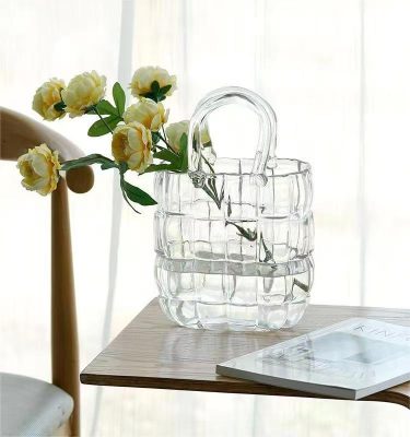 Unique Check Embossed Transparent Yellow Green Gray Handbag Shape Wide Mouth Glass Vases for Wedding Tabletop Home Decorative