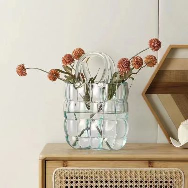 Unique Check Embossed Transparent Yellow Green Gray Handbag Shape Wide Mouth Glass Vases for Wedding Tabletop Home Decorative