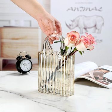 Unique Modern Fashion Design Transparent Yellow Gray Vertical Stripes Relief Glass Vases for Wedding Tabletop Home Decorative