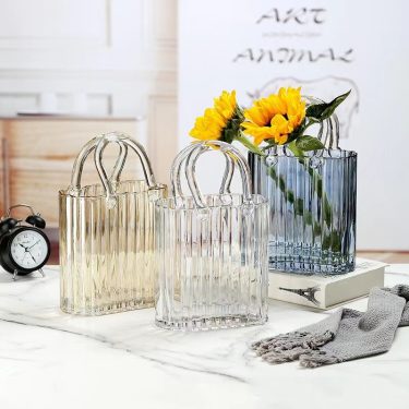 Unique Modern Fashion Design Transparent Yellow Gray Vertical Stripes Relief Glass Vases for Wedding Tabletop Home Decorative
