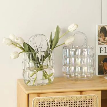 Unique Check Embossed Transparent Yellow Green Gray Handbag Shape Wide Mouth Glass Vases for Wedding Tabletop Home Decorative