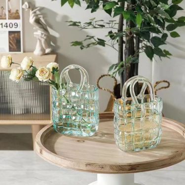 Unique Check Embossed Transparent Yellow Green Gray Handbag Shape Wide Mouth Glass Vases for Wedding Tabletop Home Decorative