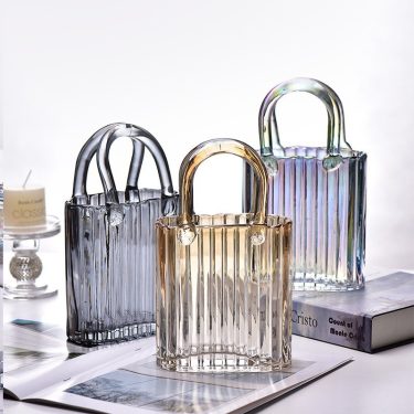 Unique Modern Fashion Design Transparent Yellow Gray Vertical Stripes Relief Glass Vases for Wedding Tabletop Home Decorative