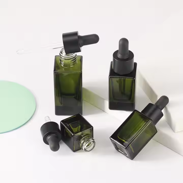 Green Square Glass Vial Bottles 5ml to 20ml with Black Dropper Cap for Cosmetic Oil Skincare Oil Packaging