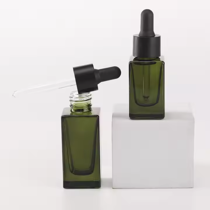 Green Square Glass Vial Bottles 5ml to 20ml with Black Dropper Cap for Cosmetic Oil Skincare Oil Packaging