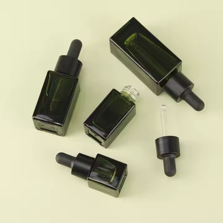 Green Square Glass Vial Bottles 5ml to 20ml with Black Dropper Cap for Cosmetic Oil Skincare Oil Packaging